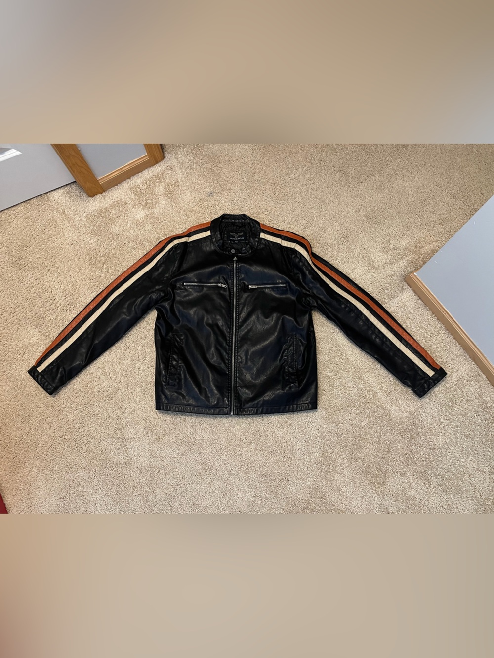 Wilsons Leather Black Jacket with Brown and Cream Sleeve Stripes